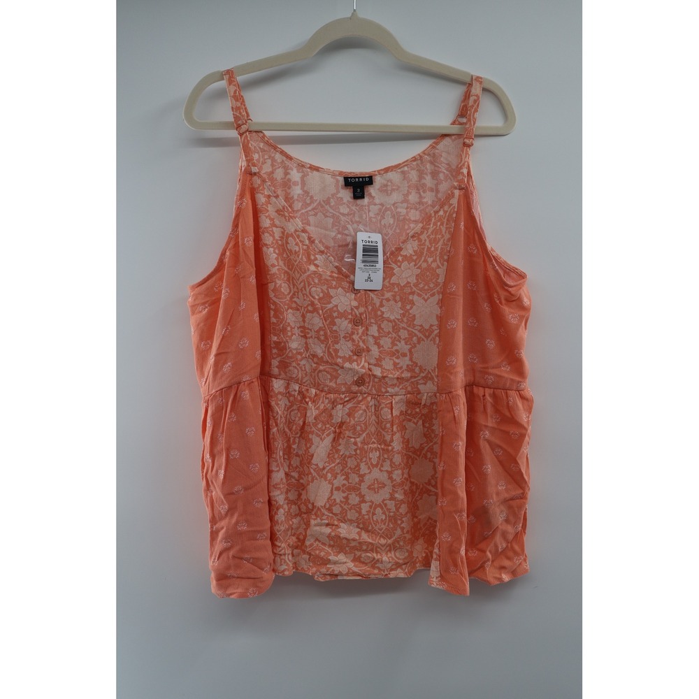 Torrid Crinkle Gauze Babydoll Tank 3X Peach Floral Racerback Top NWT